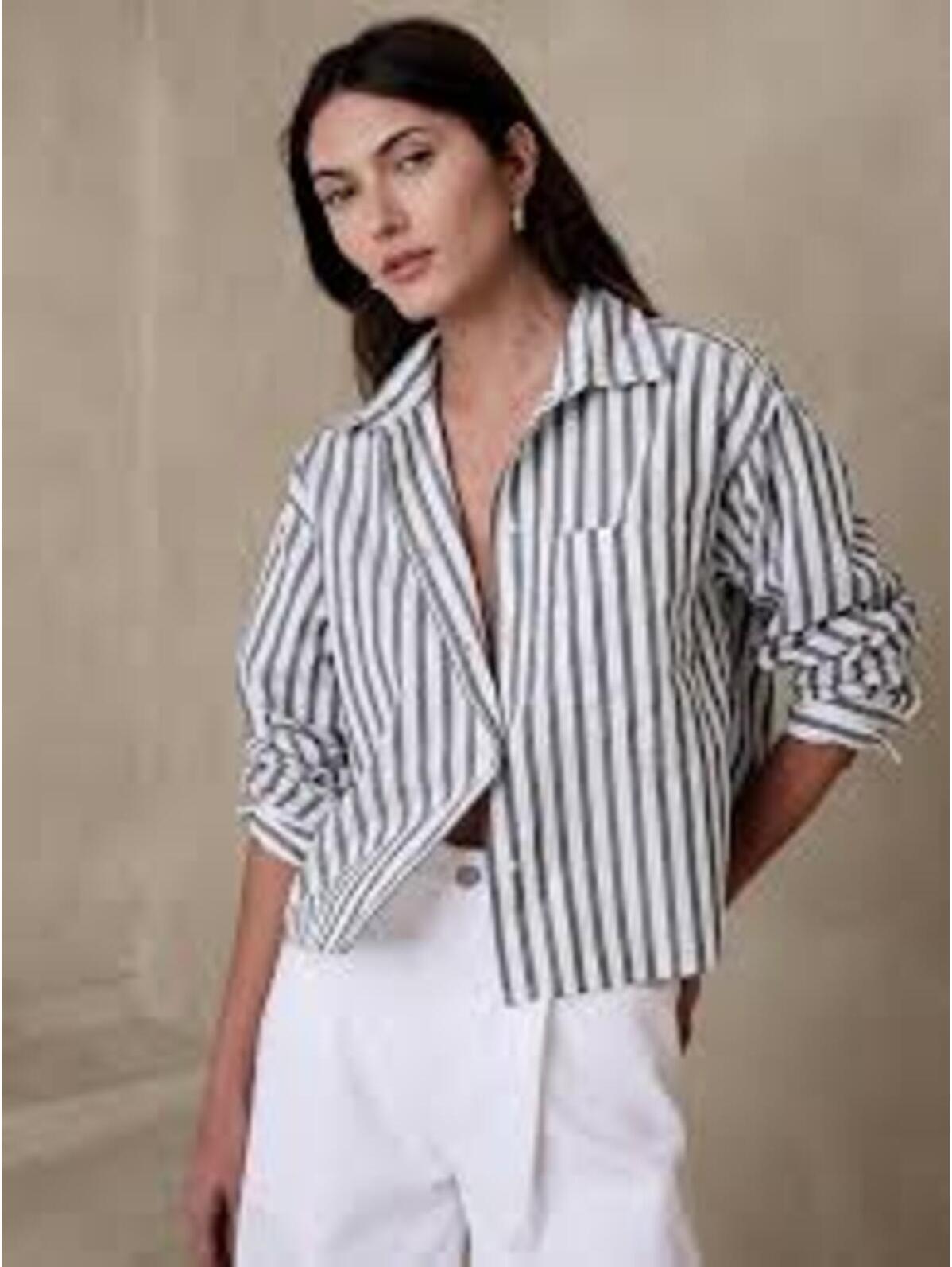 Banana Republic Classic Cotton Button Up Shirt Down Blouse Green White Striped